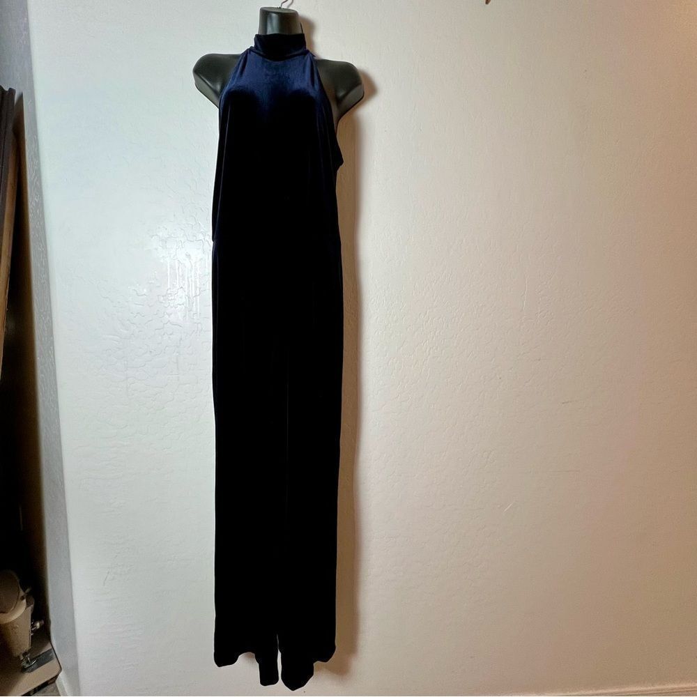 90s Velvet Caché Navy Wide Leg Mock Neck Sleeveless Jumpsuit Stretch 12 L